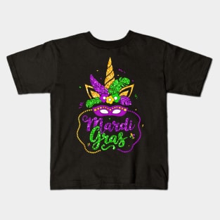 Unicorn Face Mask Happy Mardi Gras 2024 Kids T-Shirt